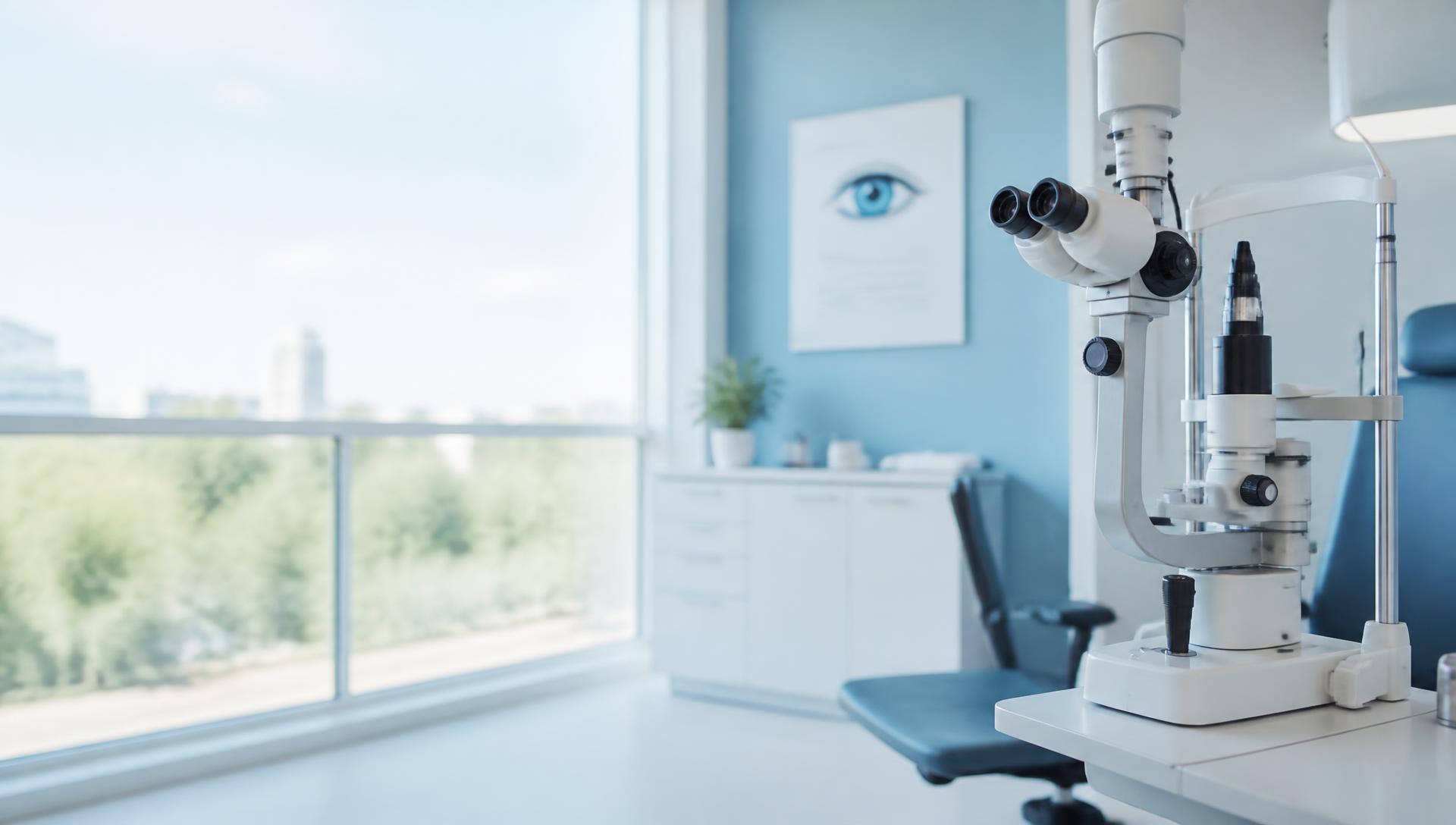 Consultation room at Lumina Eye Care with a slit lamp examination device